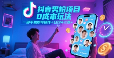 抖音男粉项目0成本玩法，一部手机即可操作，日均4张+，时间自由-ST-智库魔方