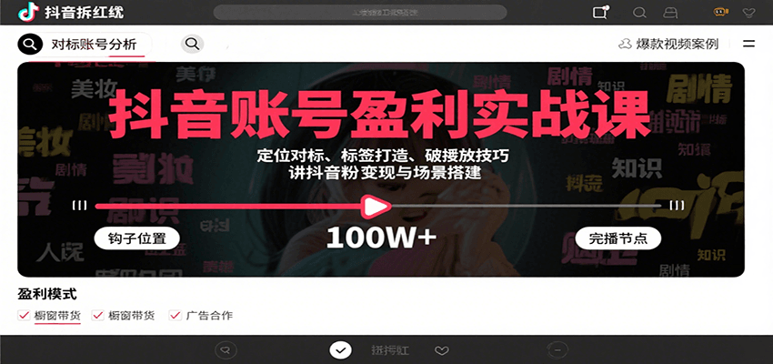 抖音账号盈利实战课，定位对标、标签打造、破播放技巧，讲涨粉变现与场景搭建-ST-智库魔方